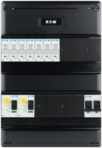 Eaton + Eaton Hogere enkele kast, afgebeeld met 7 groepen en hoofdschakelaar