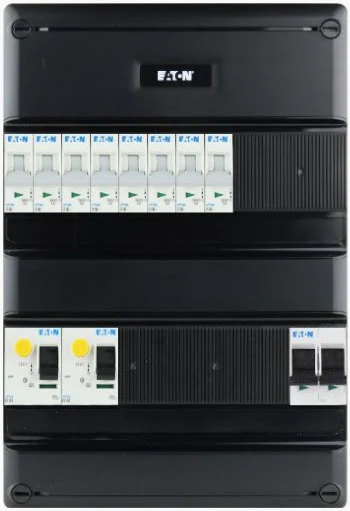 Eaton-groepenkast met acht Eaton-installatieautomaten, aardlekschakelaars en hoofdschakelaar
